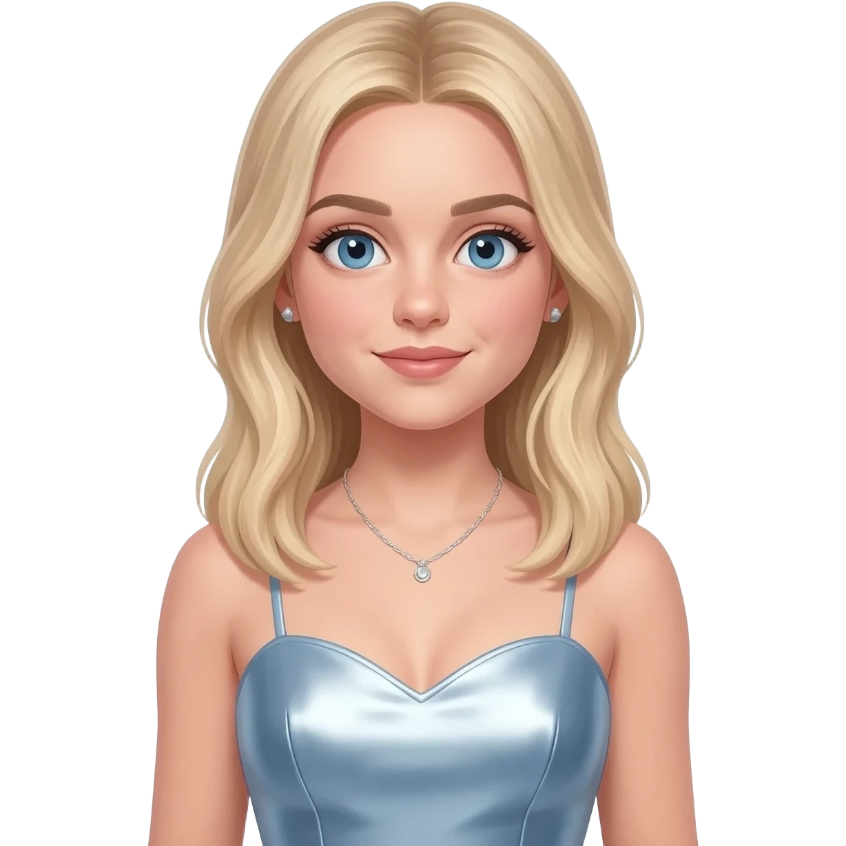 Sabrina Carpenter with blue eyes, long light blonde hair, light steel blue metallic sweetheart dress, silver necklace and short earrings emoji