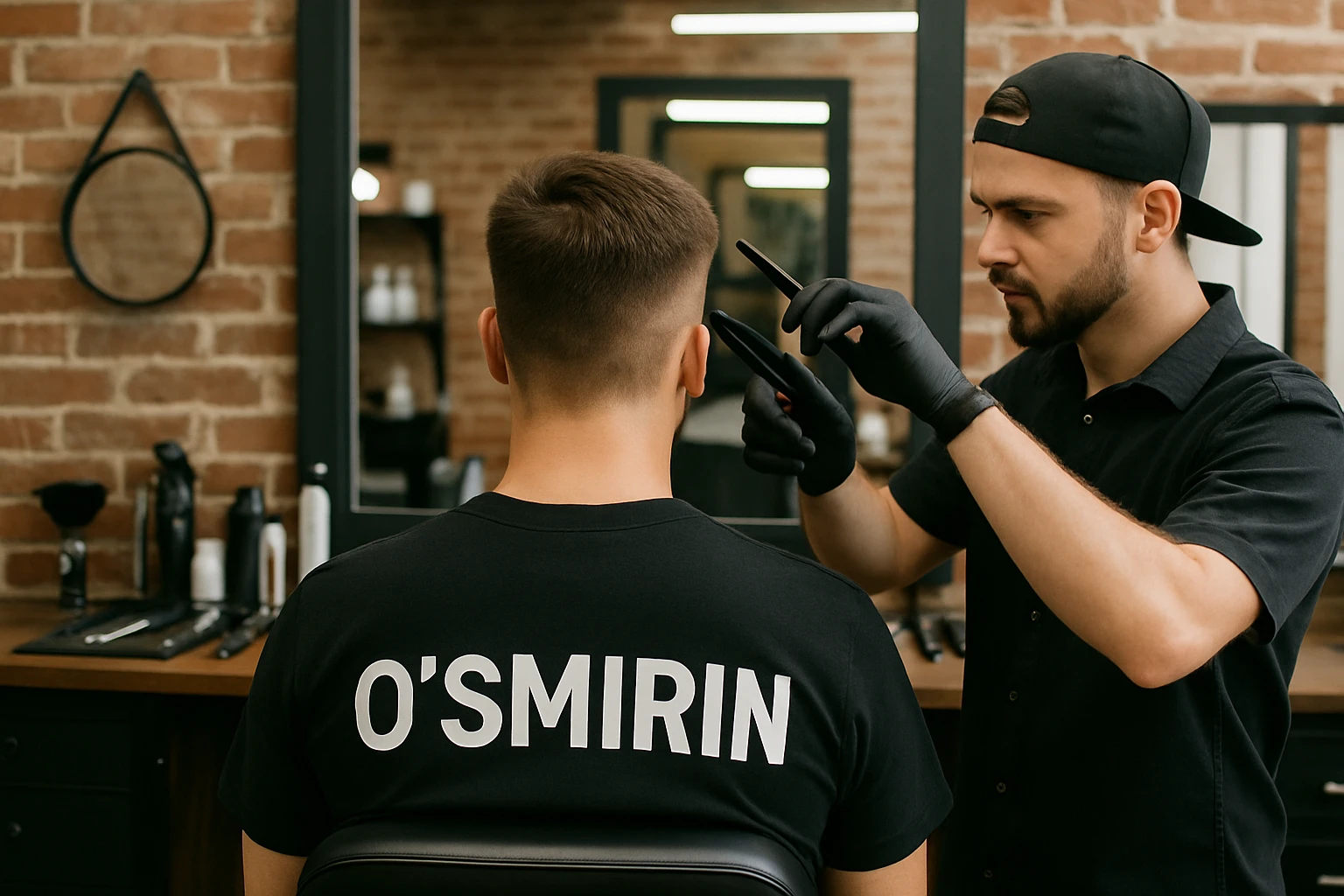o'smirin bola qora futbolkada sartaroshxonada soch olayapti yuzi ko'rinmasin emoji
