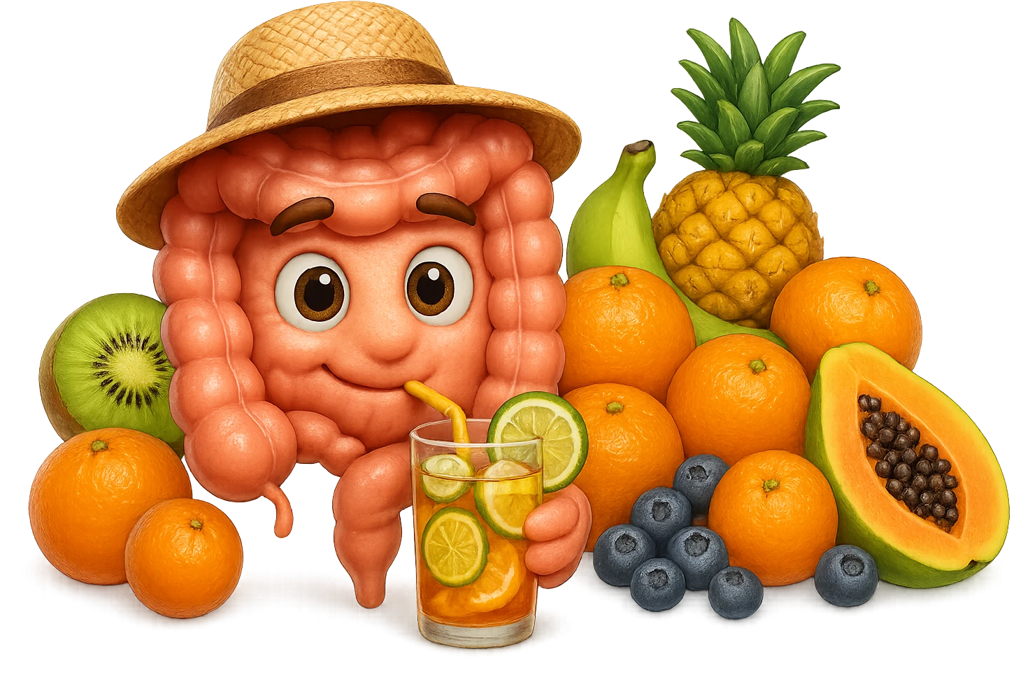 EMOJI STILE IPHONE DI INTESTINO UMANO REALISTICO CON CAPPELLO DI PAGLIA DA SPIAGGIA CHE BEVE UN Tè FREDDO IN BICCHIERE DI VETRO CON DENTRO  fette di cetriolo, limone, lime, DIETRO L'INTESTINO C'è UNA MONTAGNA DI PEZZI DI FRUTTA: Kiwi
Banana acerba
Arance e mandarini
Mirtilli
Ananas
Papaya
IPERREALISTICO 4K emoji