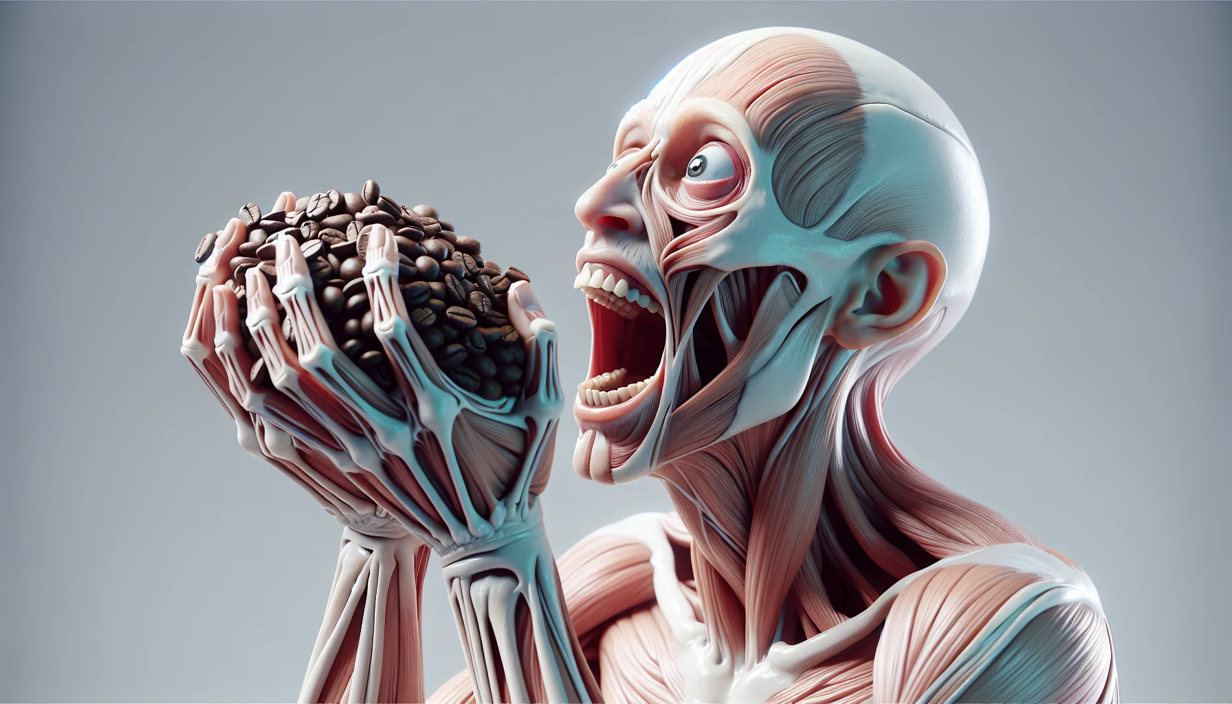 corpo umano anatomico che tiene in mano una manciata di chicchi di caffè e la guarda come se fosse dipendente da essa, stralunato, iperrealistico 4k emoji