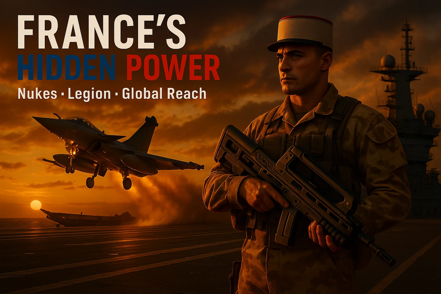 Reformat the image for a YouTube video thumbnail with a 16:9 aspect ratio. Include a bold and readable tricolor headline 'FRANCE’S HIDDEN POWER' and clear subtext 'Nukes • Legion • Global Reach'. Ensure a dramatic dusk scene featuring a Rafale jet launching from the Charles de Gaulle carrier, with a Foreign Legionnaire in desert camo holding a futuristic rifle in the foreground. The style should be epic cinematic, high contrast, vibrant colors, optimized for YouTube thumbnail visibility. emoji
