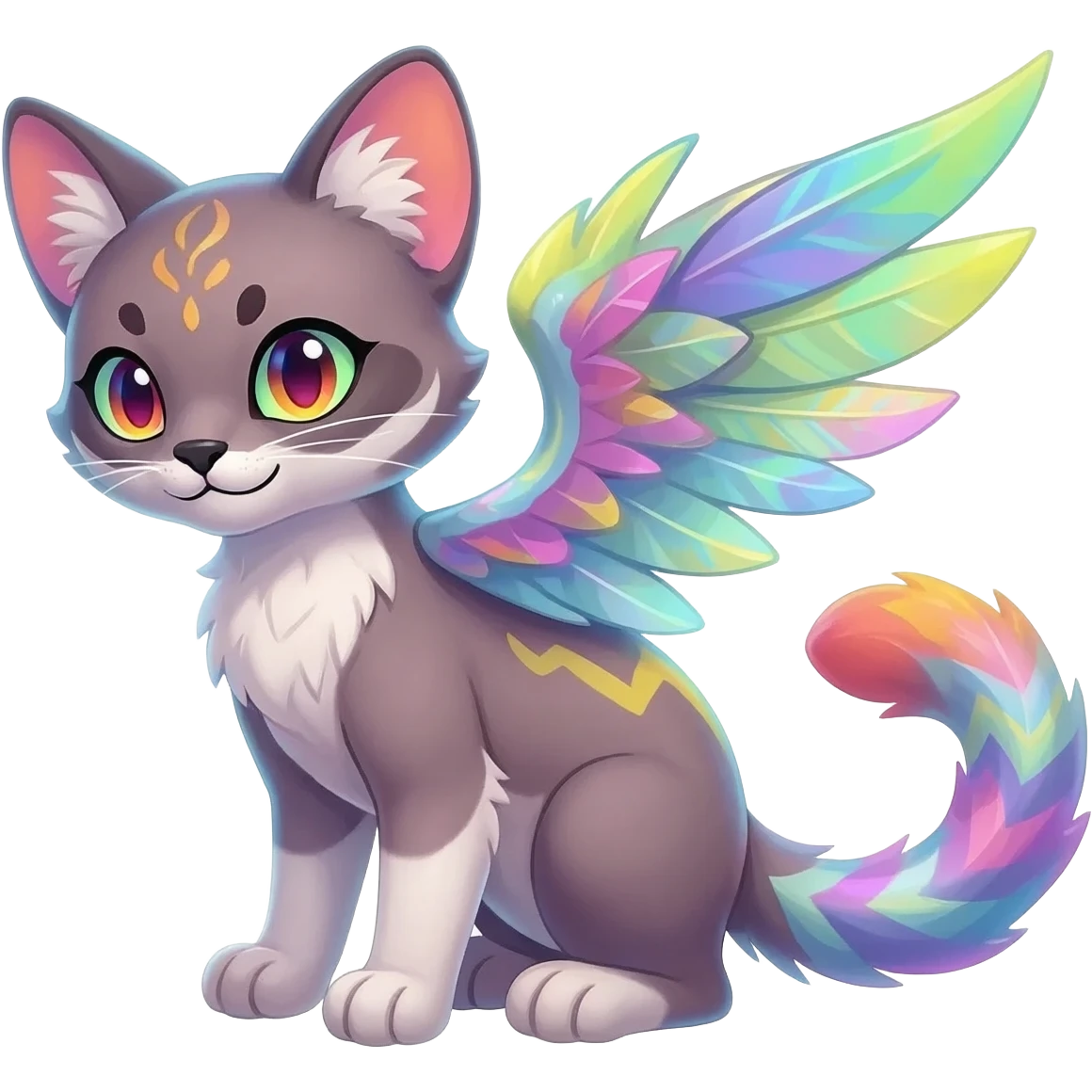Realistic Colorful pale light fruity pastel white glorious iridescent exotic albino neon vibrant zigzagged fantasy-caracal-civet-genet-sergal-vernid-Gryphon-Cacomistle-Trico-oncilla-animal-Fakémon-hybrid-fursona (full body), facial markings, (realism style) emoji