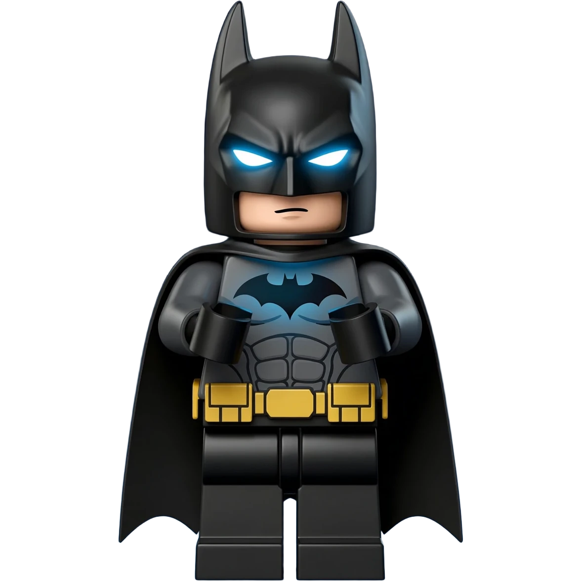 "LEGO-style Batman striking a dramatic hero stance with chest forward, glowing blue eyes, arms slightly raised, standing confidently against a dark blue gradient background, cinematic lighting emphasizing power and intimidation. emoji