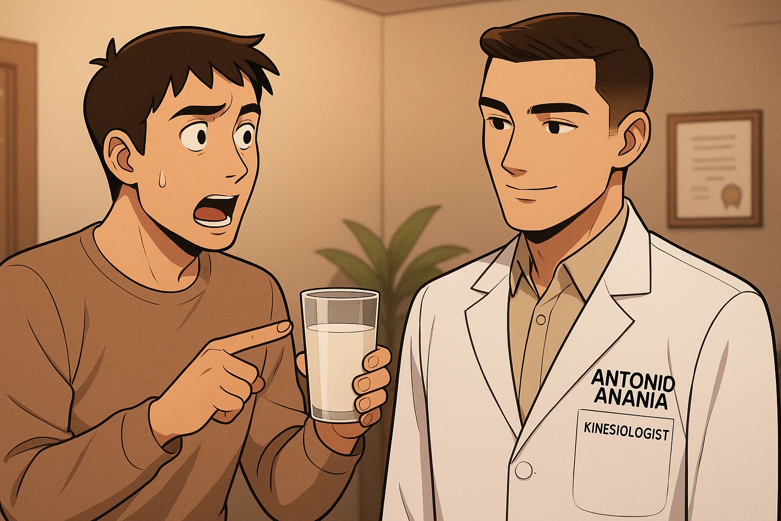 fai un webtoon manga a colori con questo stile, in cui un uomo chiede al kinesiologo con il camice bianco (fagli anche la scritta "ANTONIO ANANIA" SUL CAMICE, una domanda e il kinesiologo gli risponde, L'UOMO INDICA IL BICCHIERE DI LATTE CHE HA IN MANO ED è MOLTO ALLARMATO NEL FARE LA DOMANDA. non fare i fumetti però, fai solo in modo che sembri stiano parlando emoji