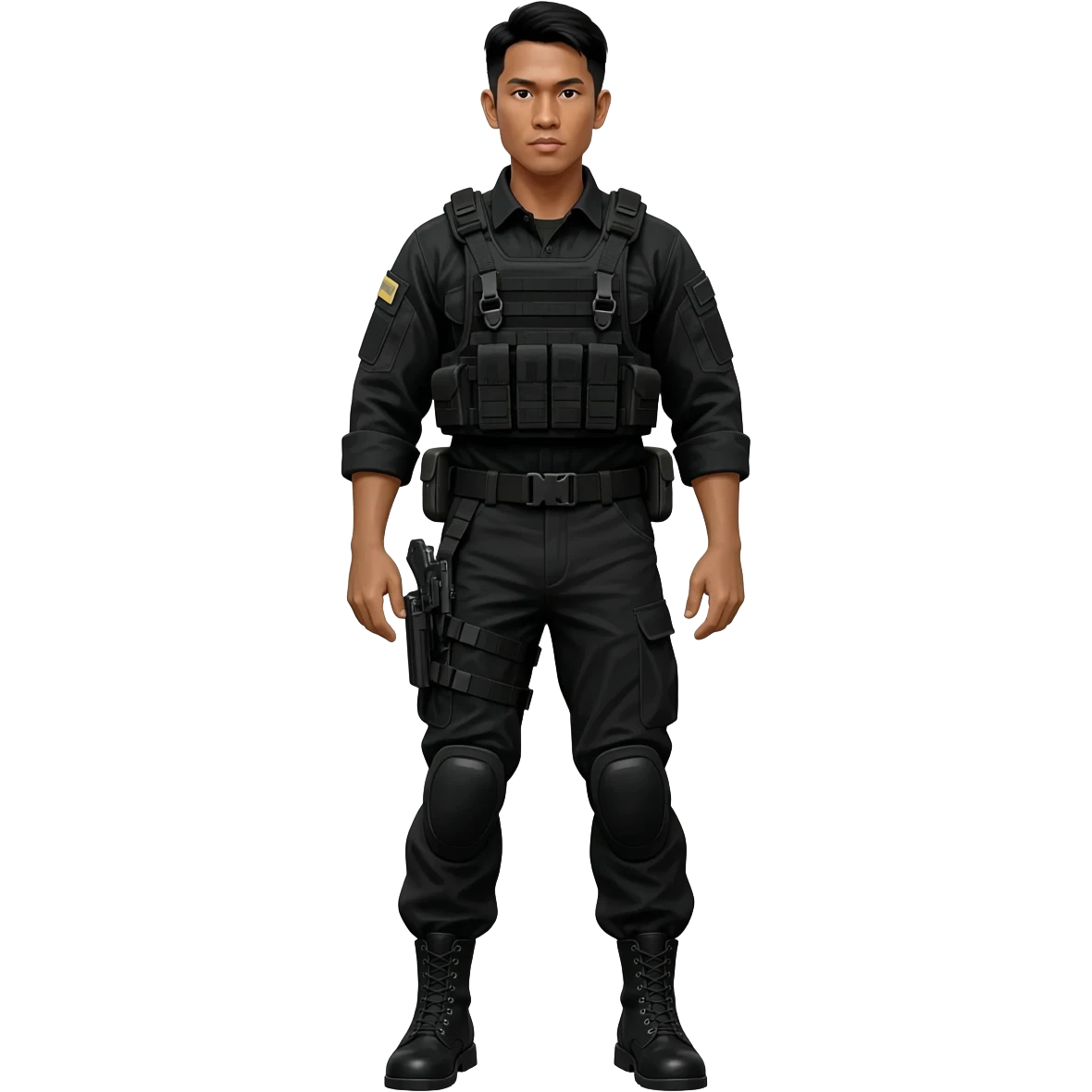Filipino man STF SPECIAL TACTICS FORCE OUTFIT BLACK FATIGUE AND COMBAT BOOTS PLATE CARRIER AND HOLSTER emoji