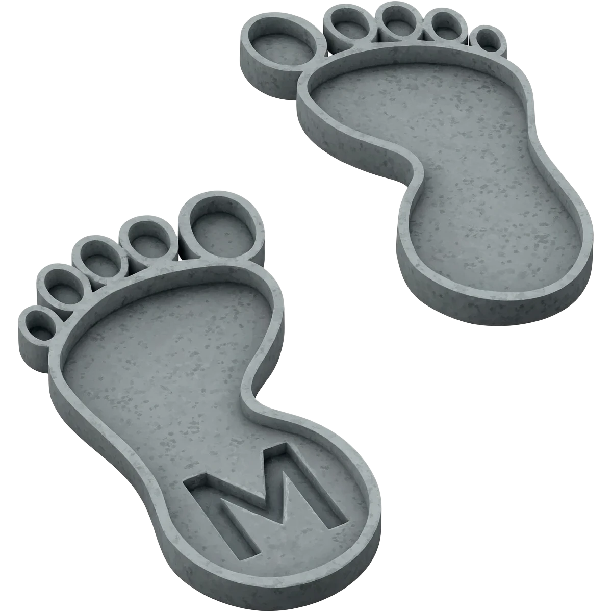 Minimalist 3D emoji: two stylized, bare footprints impressed deeply into soft, wet concrete. Textured surface. Engraved inside the heel of the leading footprint is a small, sharp chrome geometric 'M'. Isometric view, isolated on white --no background emoji