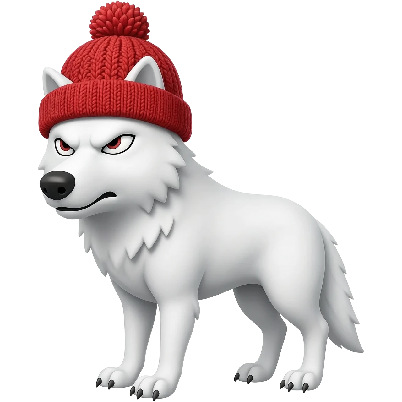 A strong big White wolf with red knitted hat over head covering eyes looking mean with facing forward emoji
