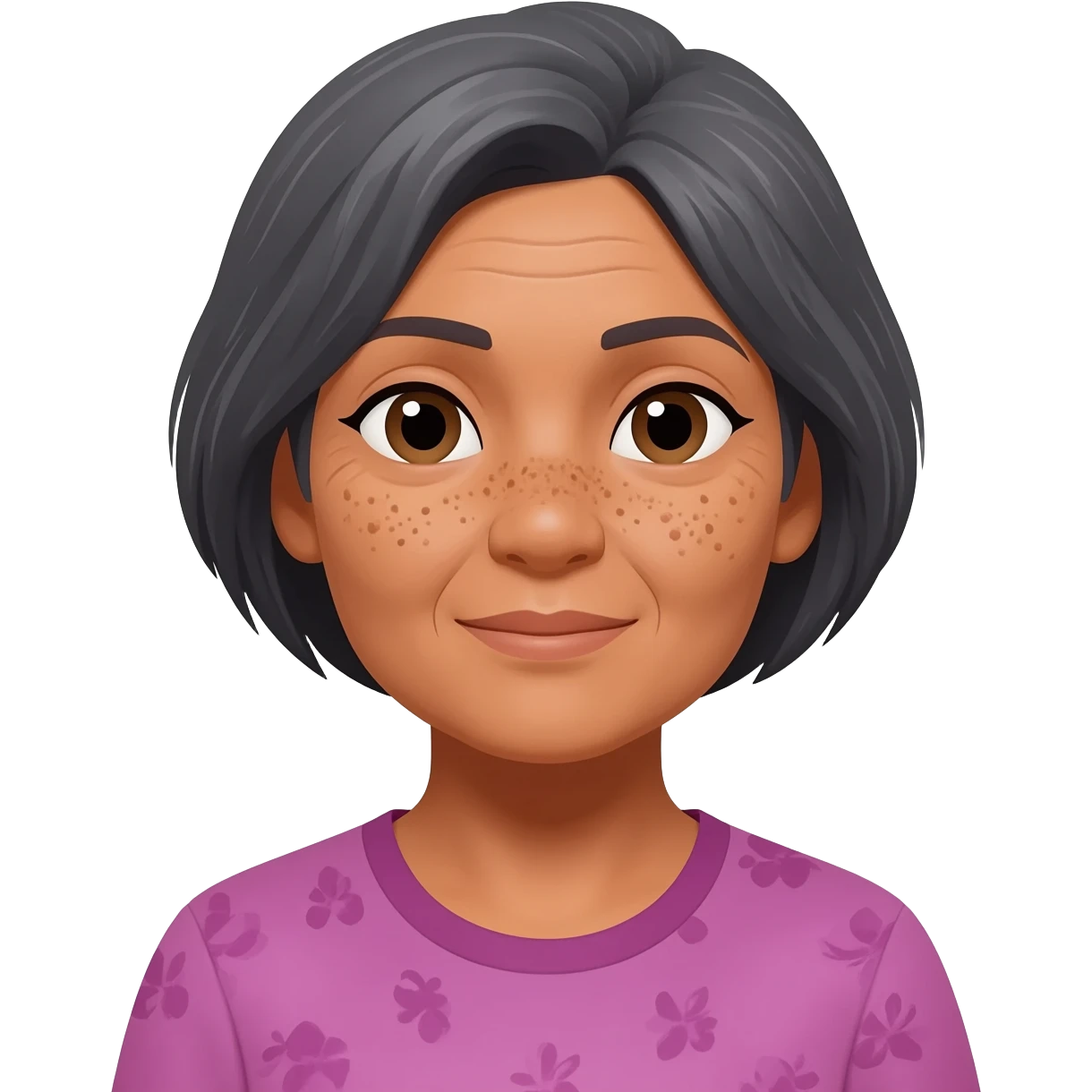grandma, short short hair, tan, dark grey hair, filipina, freckles all over face emoji