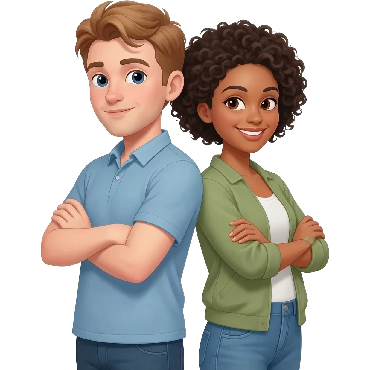 Un homme blanc et une femme métisse, dos à dos collés, tenue normale, bînome, bras croisés emoji