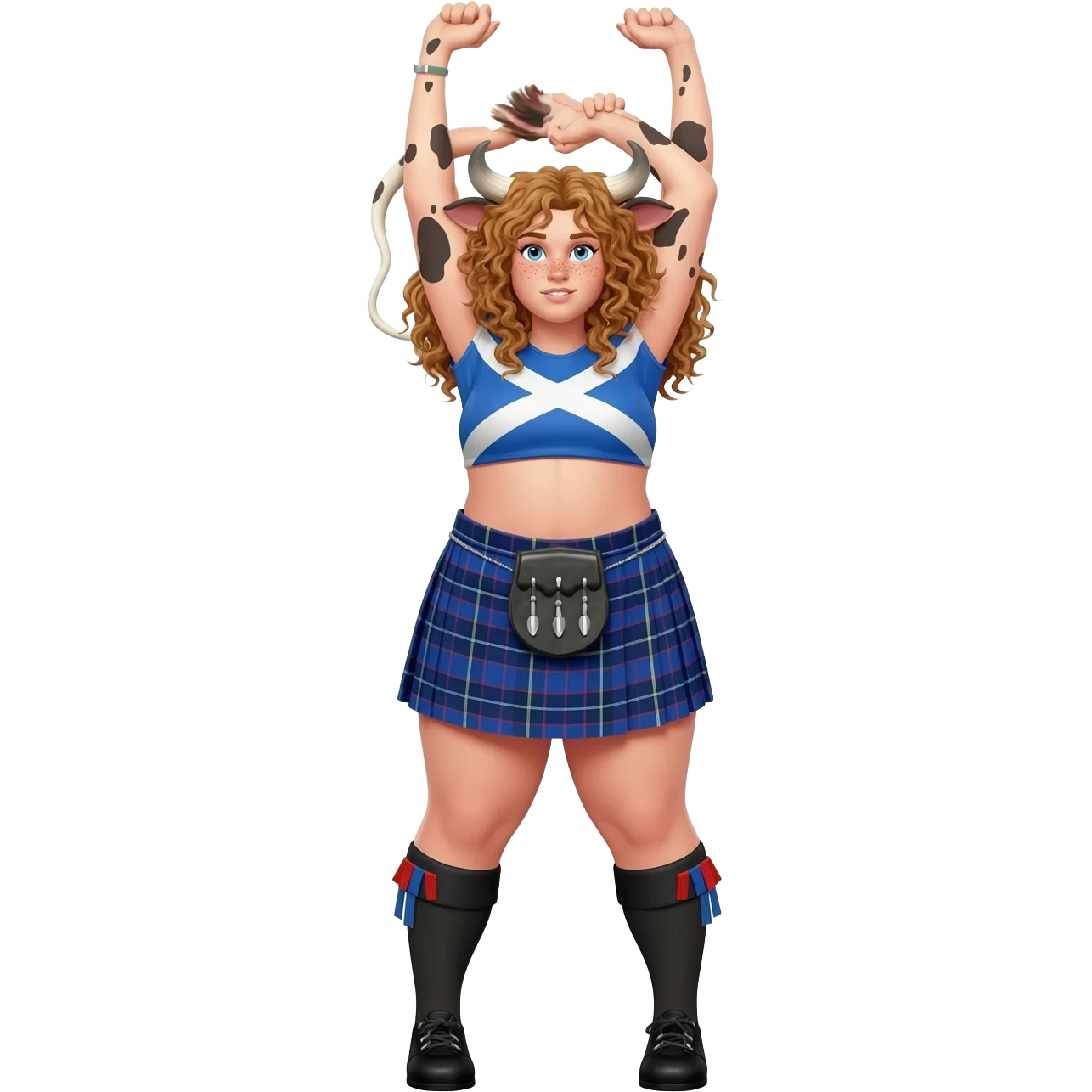 big buff curly woman with blue eyes with frecles with light brown messy hair with straight bangs with brown cow tail with fat thights with cow horns and cow brown ears with big butt in a short scottish kilt with extra large breasts dressed in crop top with scottish flag stretches her armsup emoji