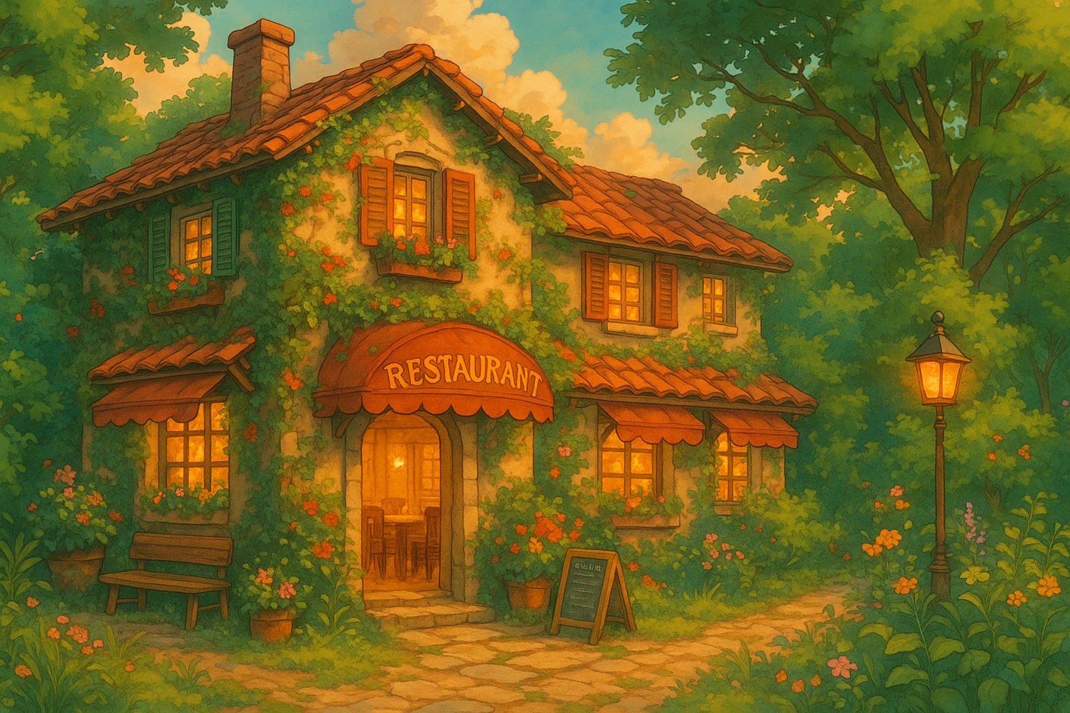 restaurant, detailed, beautiful, ghibli style illustration emoji