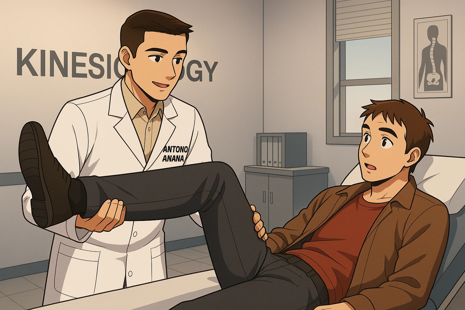 fai un webtoon manga a colori con questo stile, in cui un uomo è steso sul lettino medico e il kinesiologo con il camice bianco (fagli anche la scritta "ANTONIO ANANIA" SUL CAMICE, gli solleva una gamba per fargli il test neuromuscolare, IL KINESIOLOGO SPIEGA ALL'UOMO UNA cosa mentre gli alza la gamba. non fare i fumetti però, fai solo in modo che sembri stiano parlando emoji
