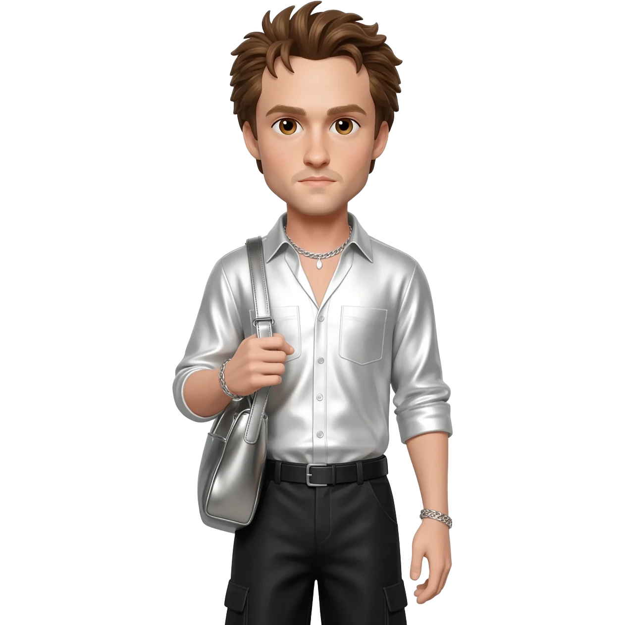 Robert Pattinson with hazel eyes, brown hair, white metallic shirt, black metallic baggy pants, silver necklace emoji