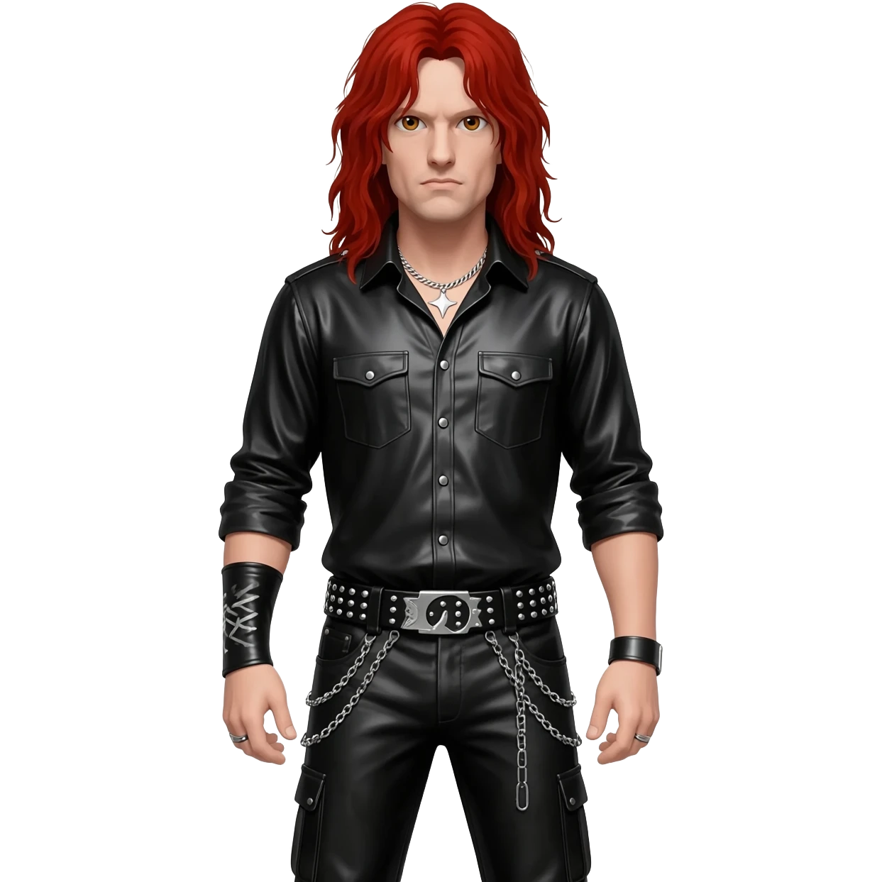 Dave Mustaine with hazel eyes, long red hair, black metallic shirt, black metallic baggy pants, silver necklace emoji