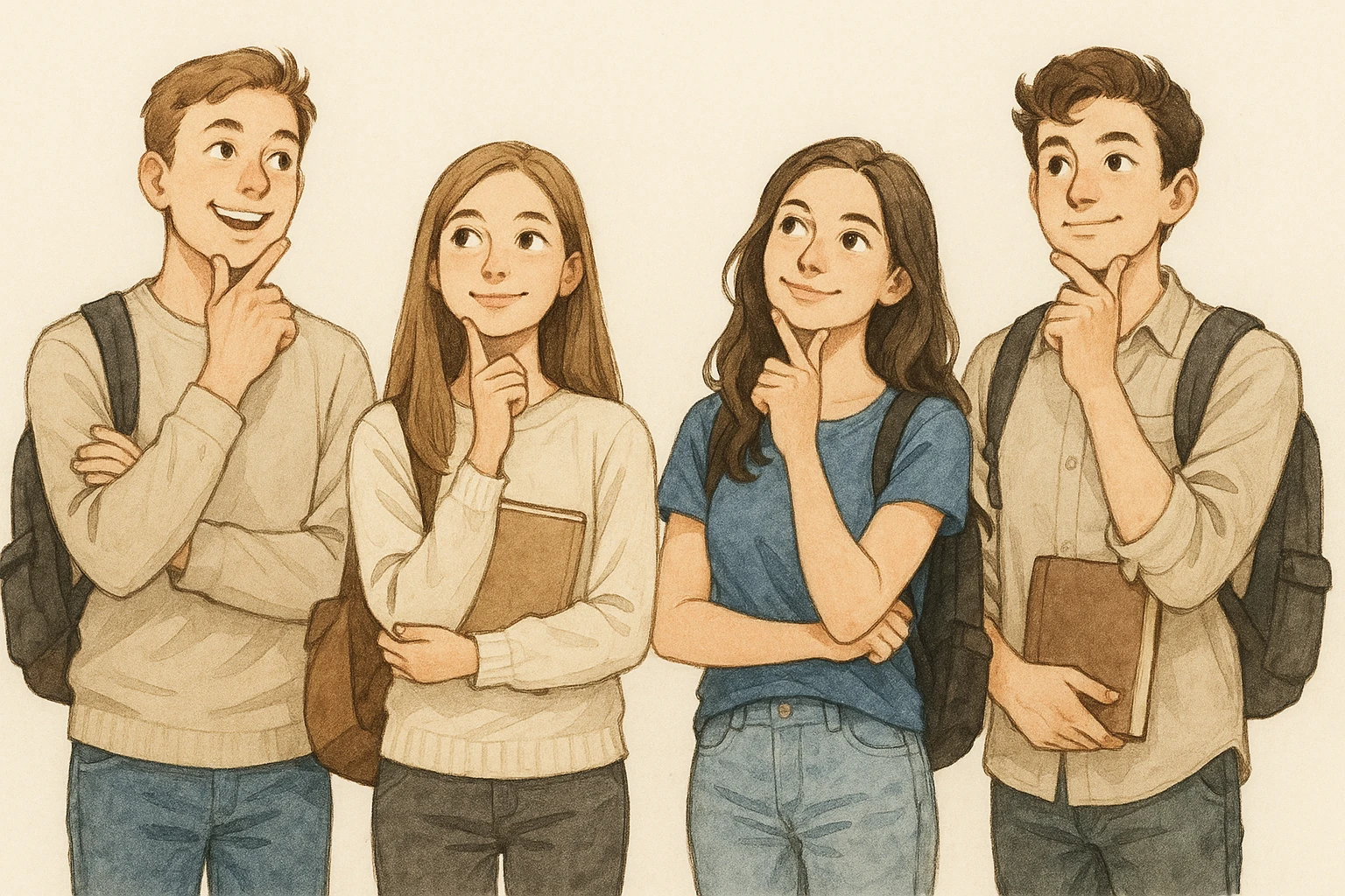 scene of four students thinking, posed casually, positive atmosphere, light background, light realistic illustration style emoji