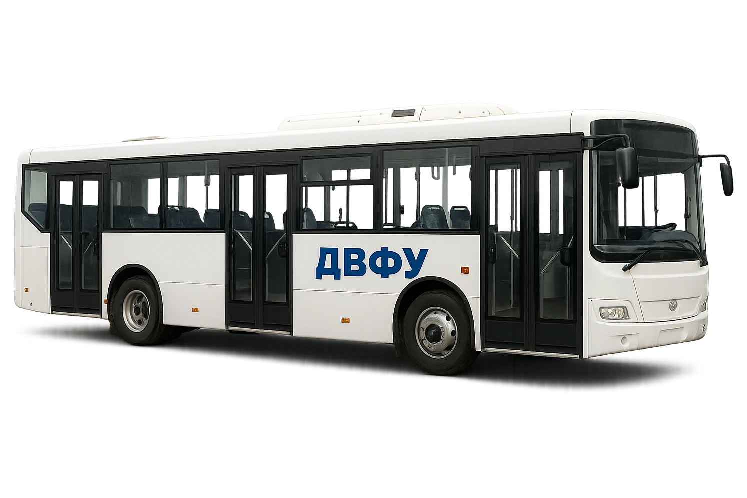 white bus with three doors, inscription "ДВФУ" on the side, realistic style emoji