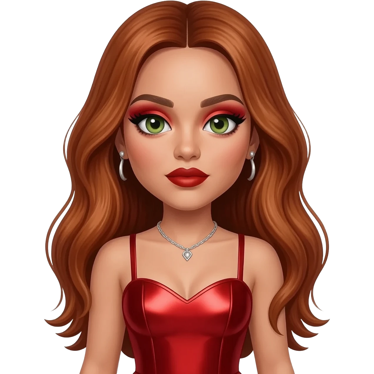 from Little Mix with hazel-green eyes, long copper hair, red eyeshadow and lipstick, red metallic sweetheart dress, silver necklace with earrings emoji