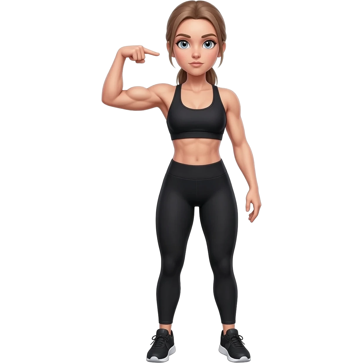 athletic ready pose pointing to arm muscles, fair-skinned woman, gray-blue eyes, ash brown brows, ash light brown hair tied back, slim athletic body, black workout set, black sneakers with white soles emoji