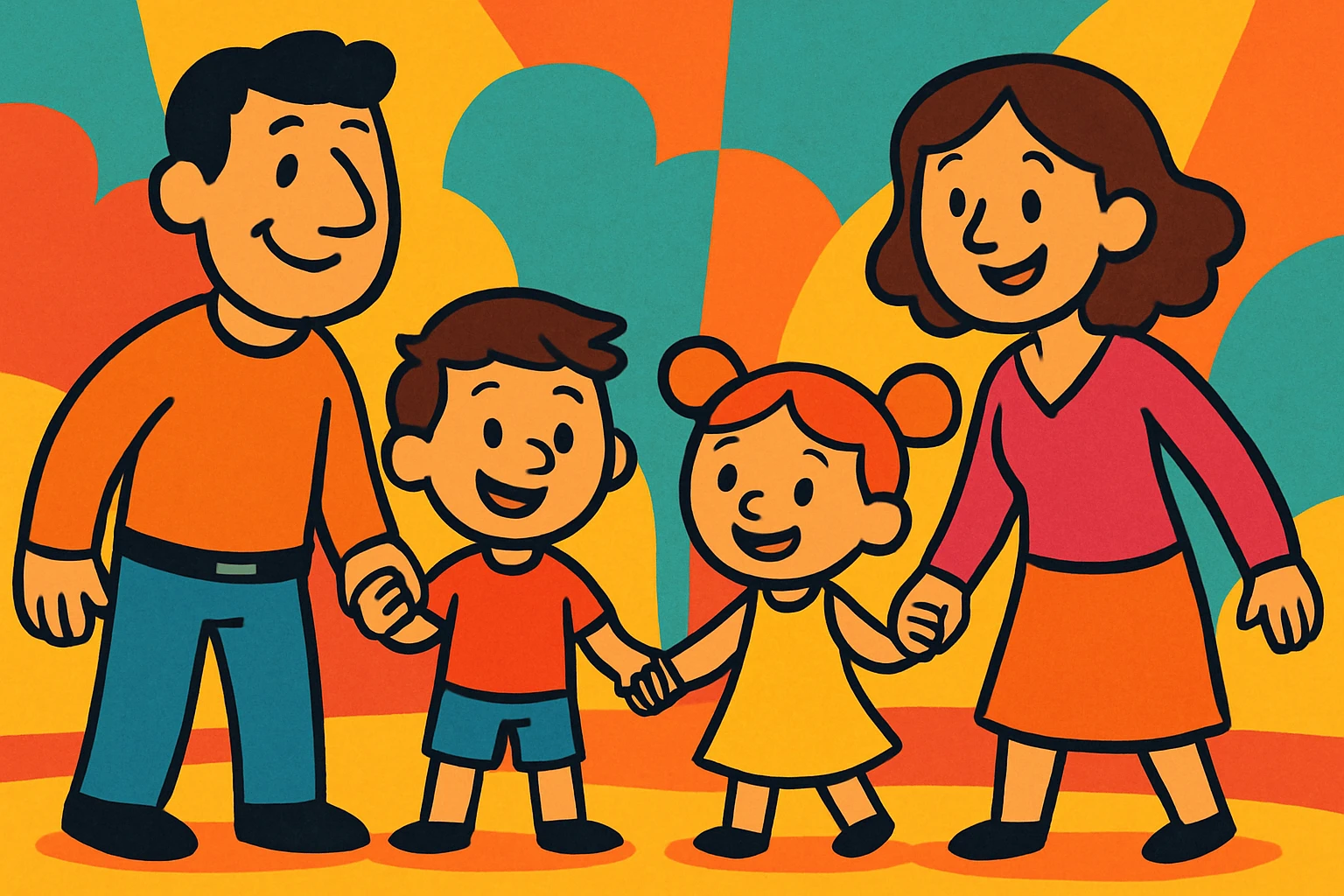 a family of four holding hands, warm cartoon style, cozy and friendly atmosphere emoji