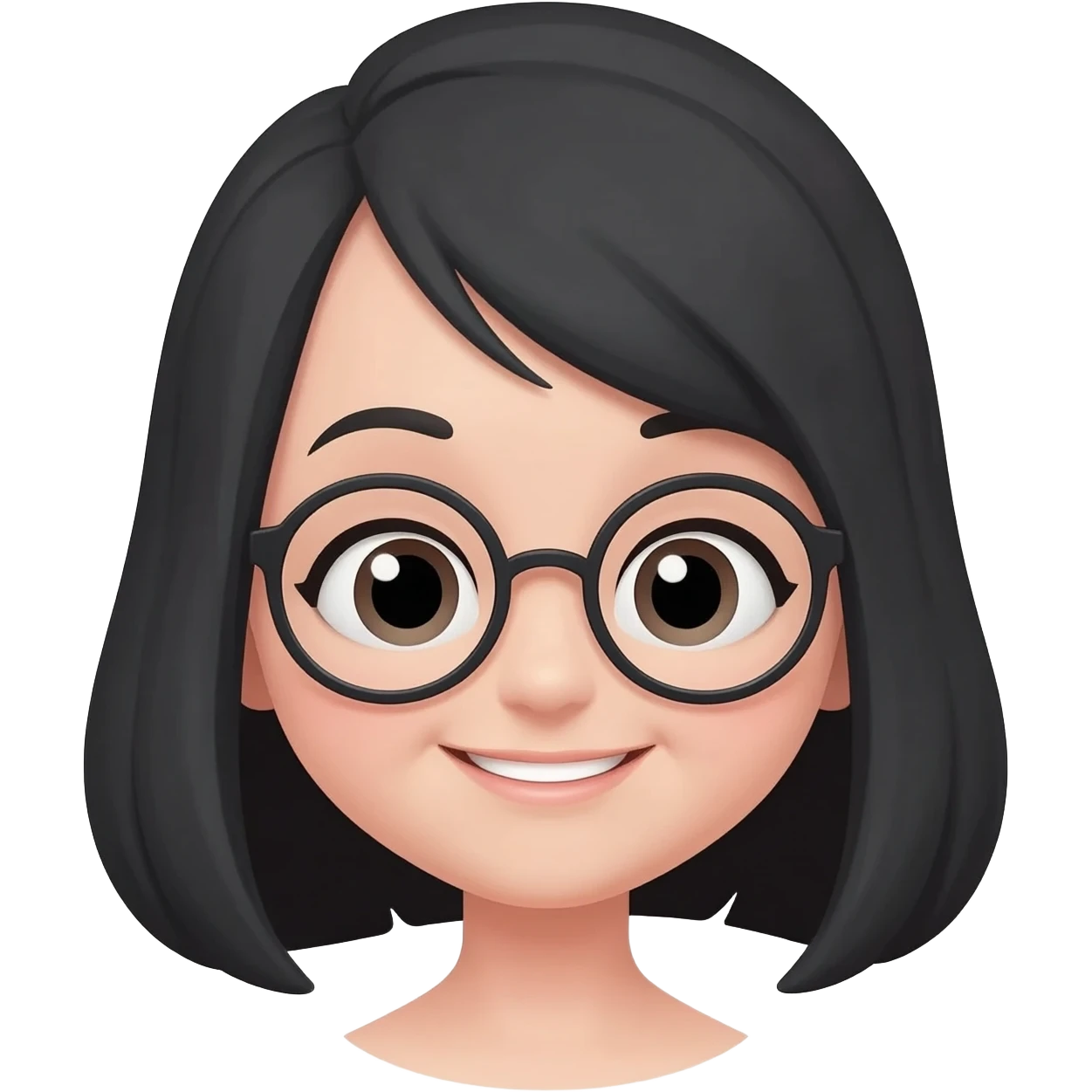 an emoji girl black hair and eyebrows black curved round with light skin and circle glasses and she's smiling emoji