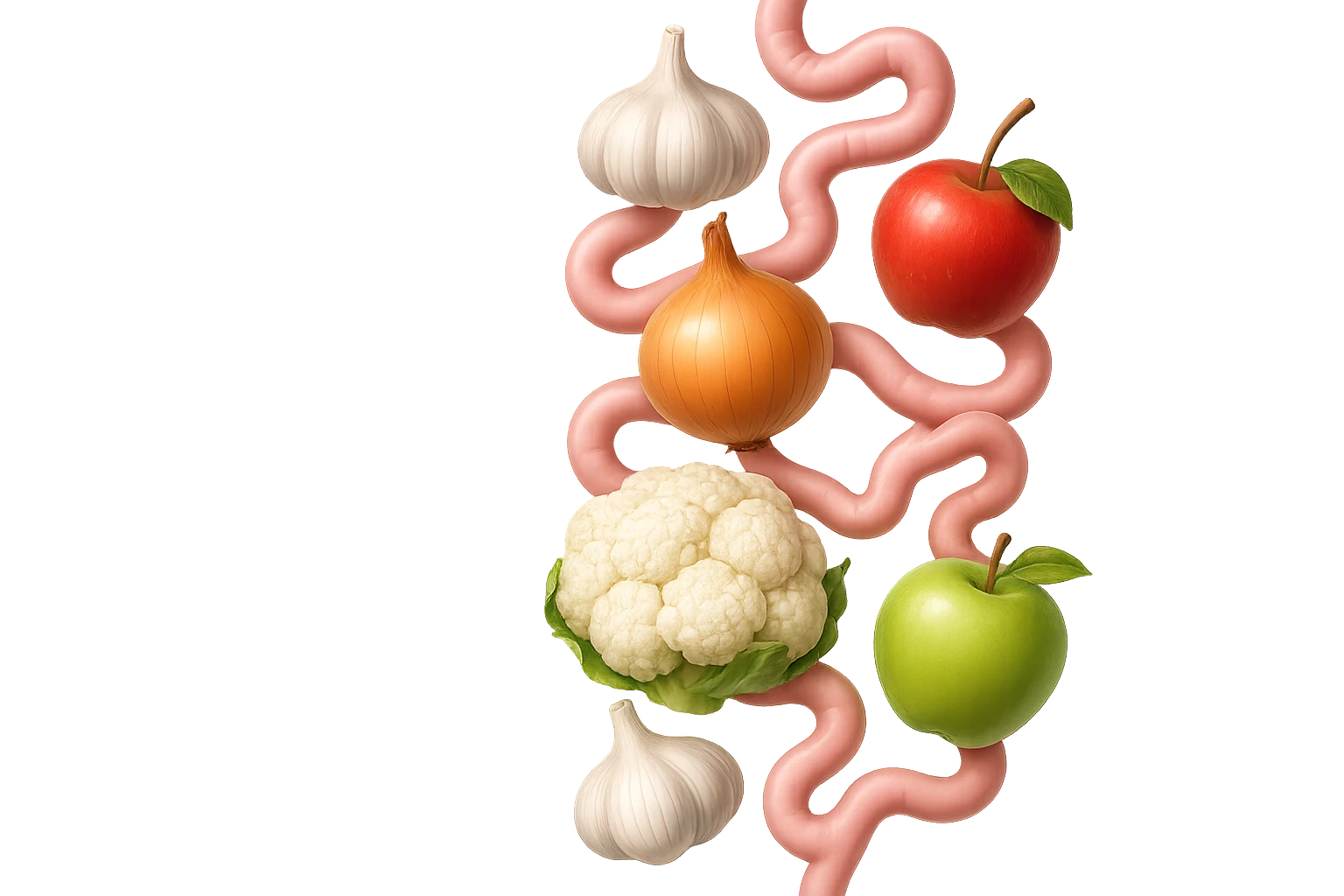 EMOJI STILE IPHONE DI aglio, cipolle, cavolfiore e mele che cadono verticalmente dall'alto con pezzi di colon avvolti intorno, IPERREALISTICO 4K emoji