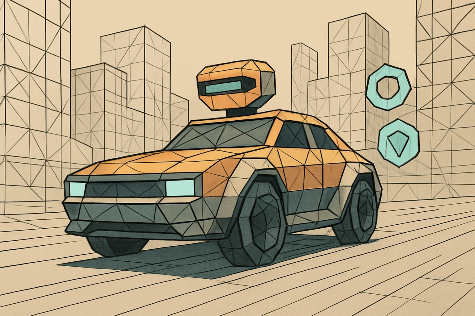 A robot car speeds through a simulated city, some buildings shown as wireframes, digital waypoints highlighting the car's robotic nature emoji