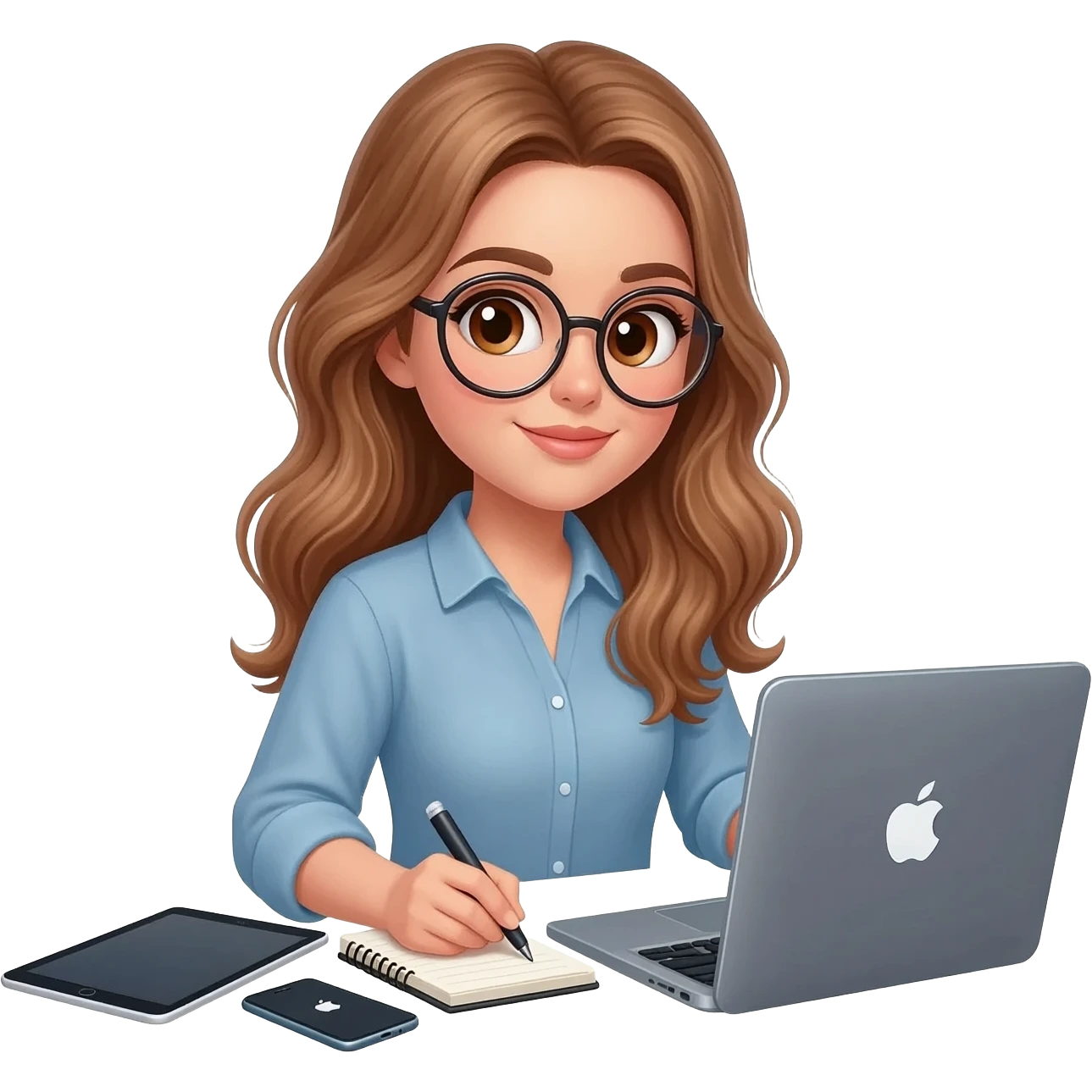detailed emoji illustration of a woman with long light brown wavy hair and light brown eyes wearing round glasses, writing her book on a MacBook, with an iPad and an iPhone next to her, focused writing atmosphere, emoji style emoji