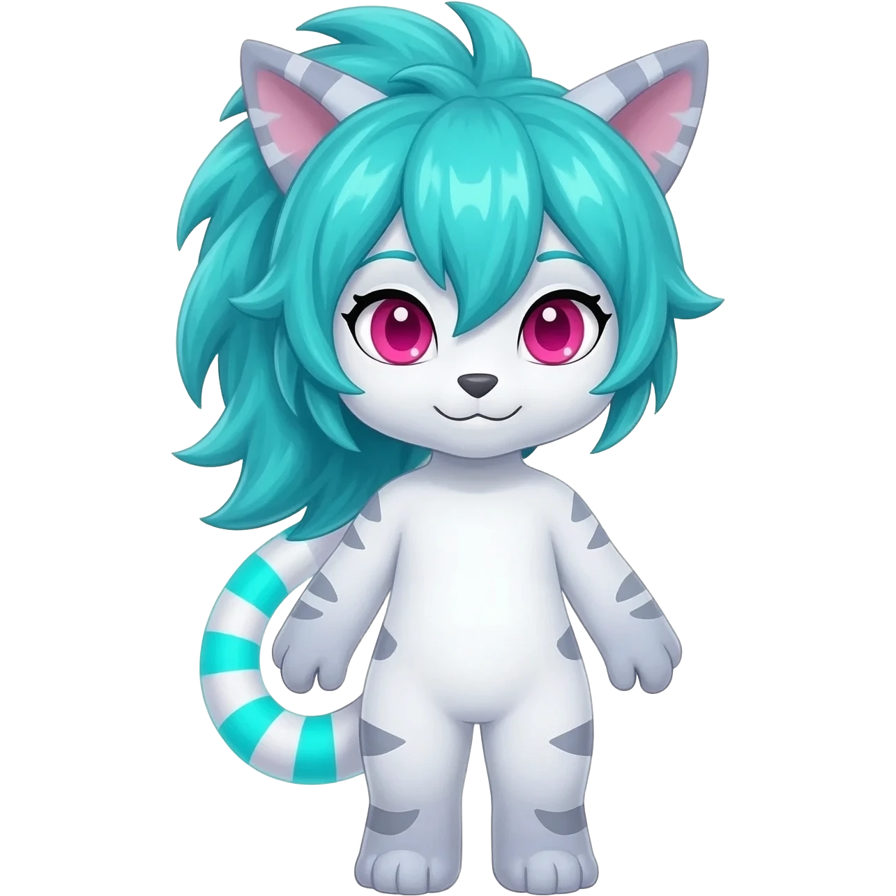 White badass elegant wild beautiful natural cute badass epic anthro modern albino sergal-vernid-creature with cyan mane and magenta eyes with cyan edgy stripes, full body, blue pretty hair, outside, modern, aesthetic, art by LiLaiRa, art by art by Falvie emoji