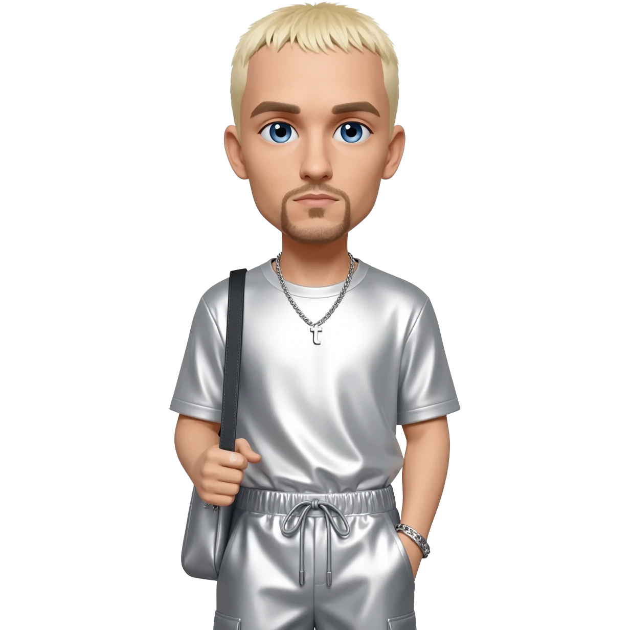 Eminem with blue eyes, blonde short hair, white metallic t-shirt, light grey metallic baggy pants, silver necklace emoji