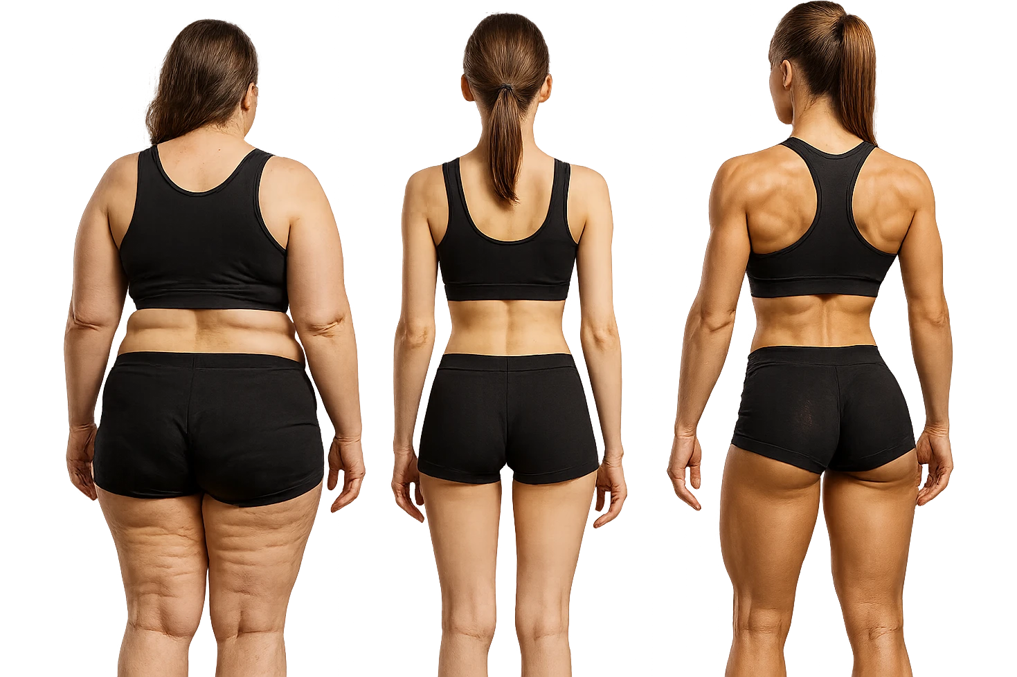 fai una donna di spalle in gym shorts leggermente sovrappeso e con cellulite e accanto una seconda donna di spalle magra (che è dimagrita post dieta) e accanto una terza donna in forma allenata e con le giuste proporzioni, l'immagine deve rappresentare il processo: da donna grassa, a donna piatta e magra, a donna allenata e in forma con i giusti muscoli, iperrealistico 4k emoji