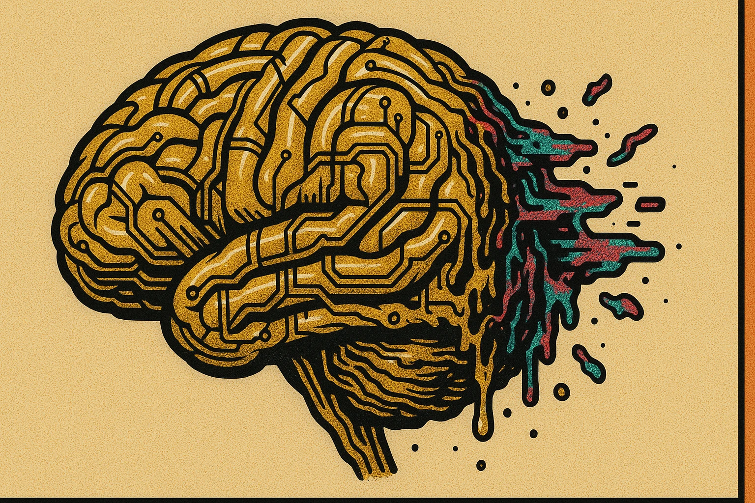 realistic close-up of a human brain made of golden wires and circuits, partially melting or glitching, symbolising sabotage, old school comic book style, 16:9 aspect ratio emoji