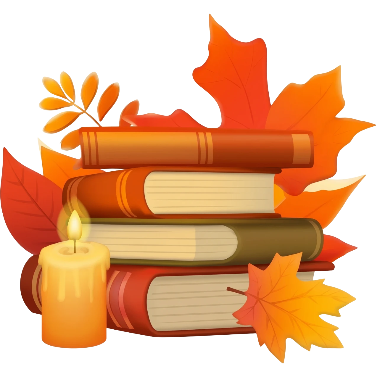 Red-orange-yellow-brown-gradients autumn aesthetic, stack of books, candle, leaves emoji