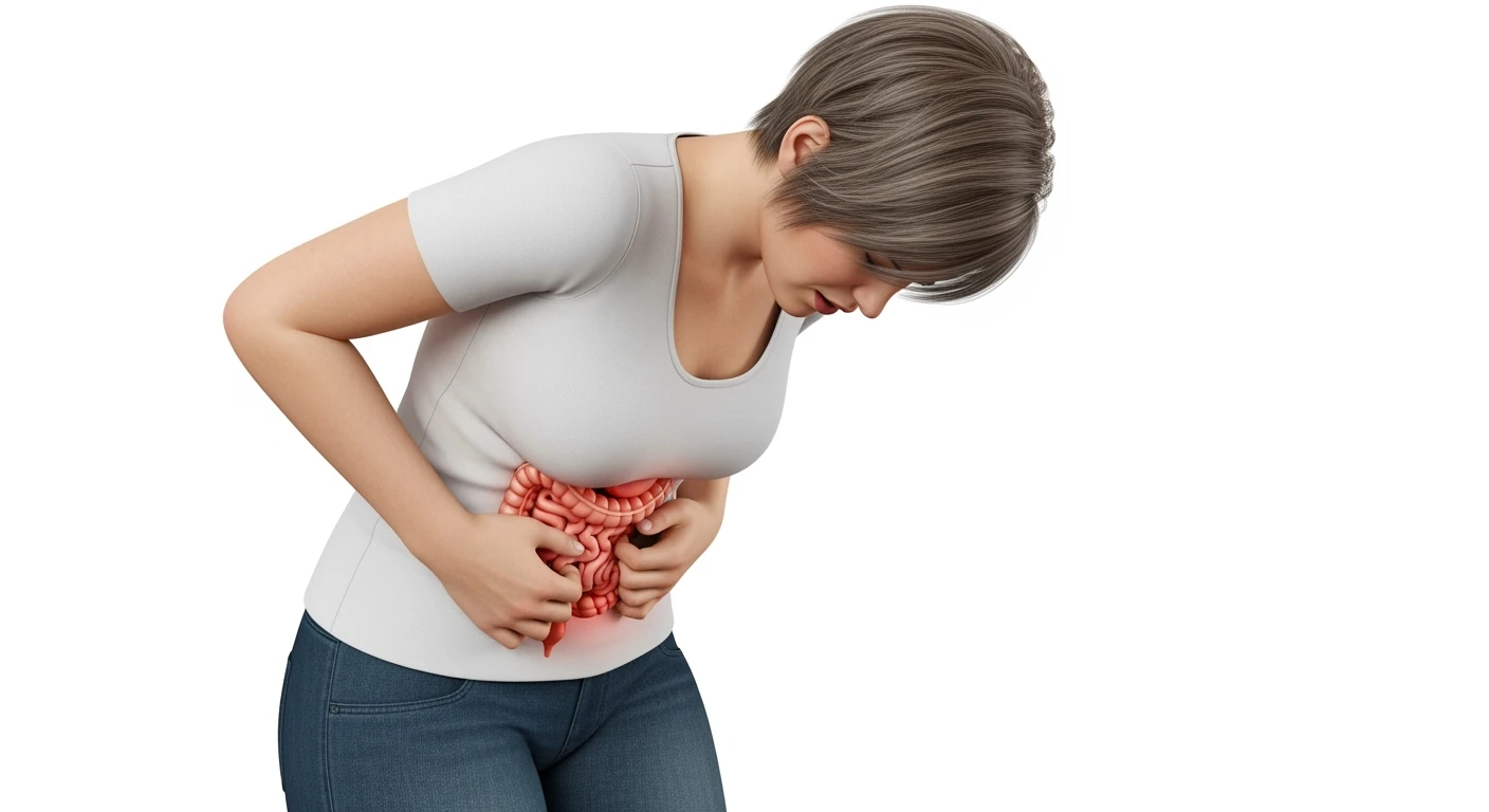 DONNA LEGGERMENTE SOVRAPPESO PIEGATA IN AVANTI FRONTALMENTE CON INTESTINO ANATOMICO IN EVIDENZA, MAL DI PANCIA iperrealistico 4k, ISOLATA SU SFONDO BIANCO emoji