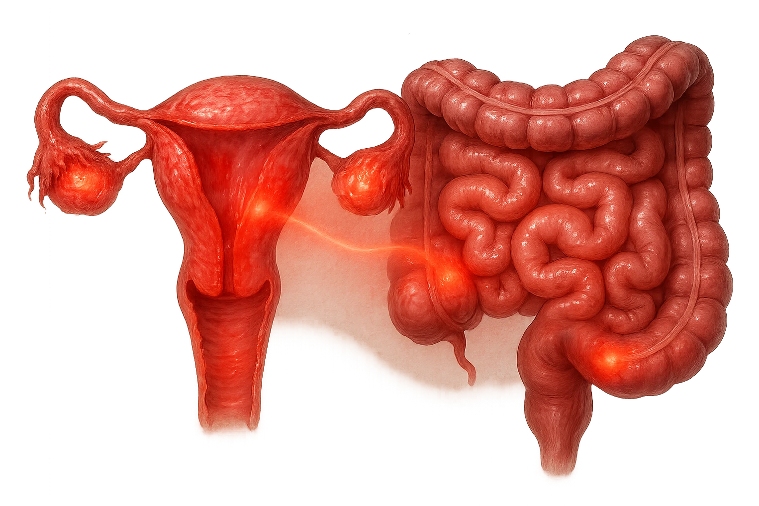 utero umano anatomico iperrealistico e intestino umano anatomico iperrealistico hanno in comune il dolore e l'infiammazione, rendi bene il collegamento tra i due organi doloranti emoji