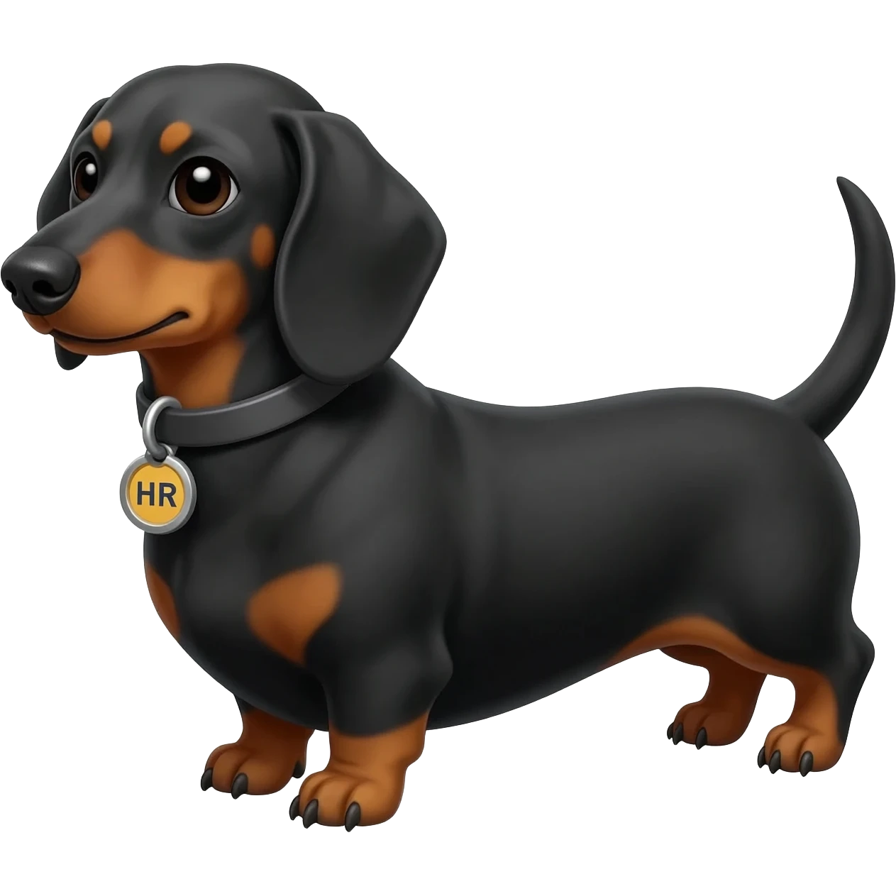 Perrito salchicha de color negro, con un collar que en su placa diga HR. Para promocionar mi ferretería emoji