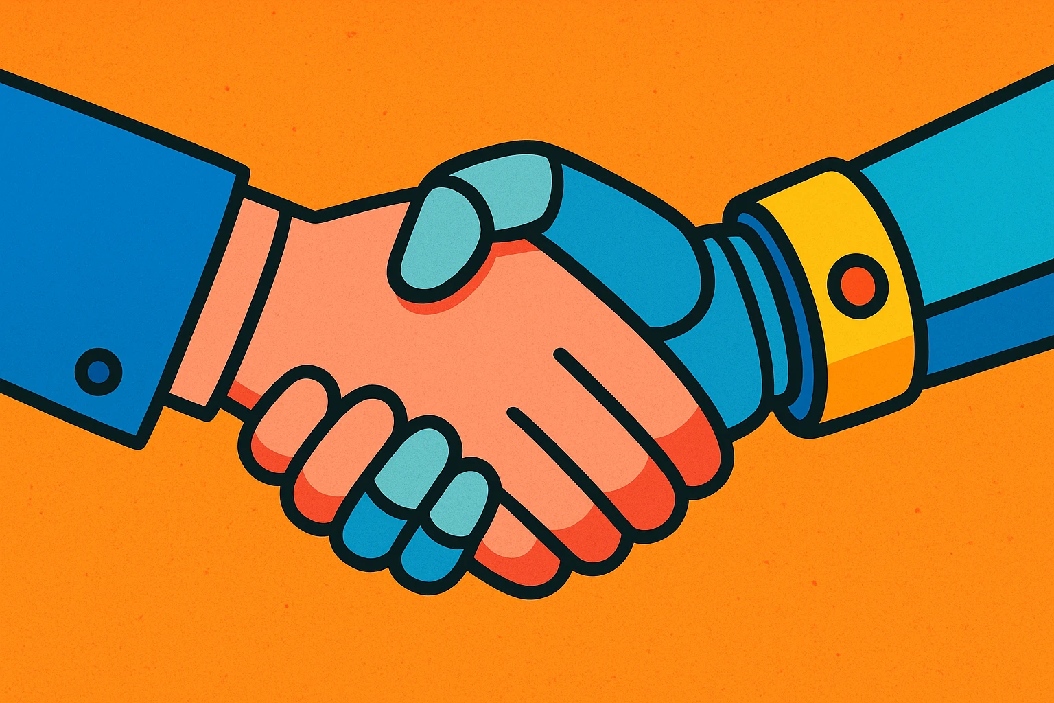 a human hand and a robot hand shaking, playful cartoon style emoji