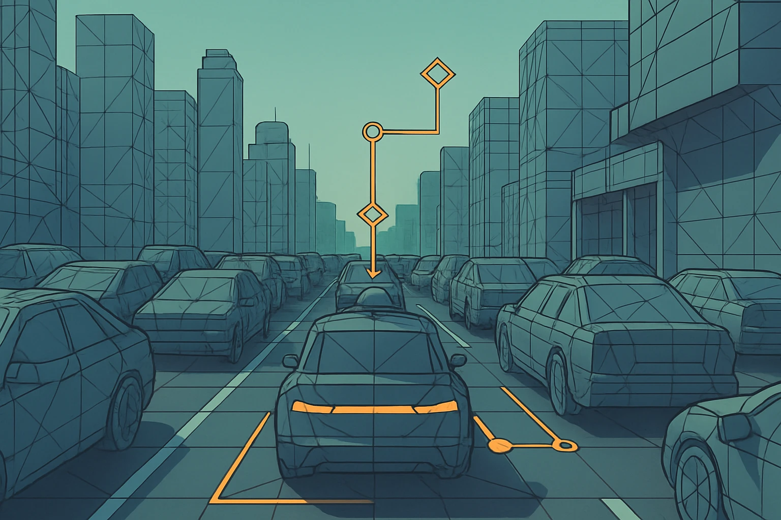 A futuristic cityscape with dense traffic, partially wireframed environment, robotic car navigating using digital waypoints, hinting at a computer simulation emoji
