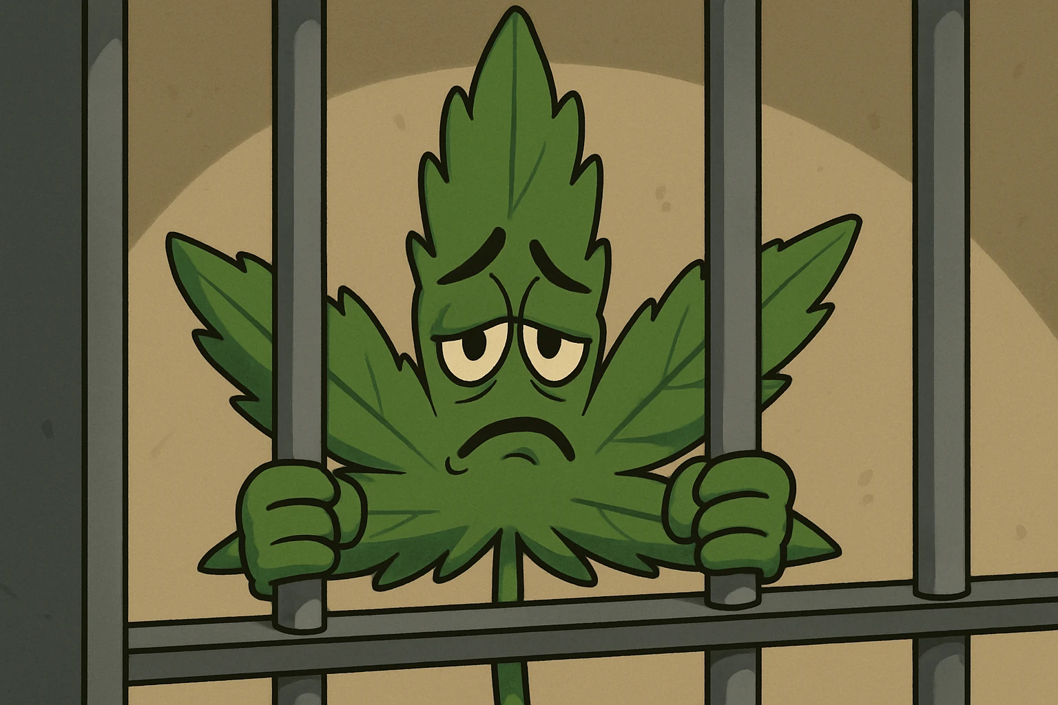 cannabis leaf peeking through prison bars, looking forlorn, simple illustration, somber mood emoji