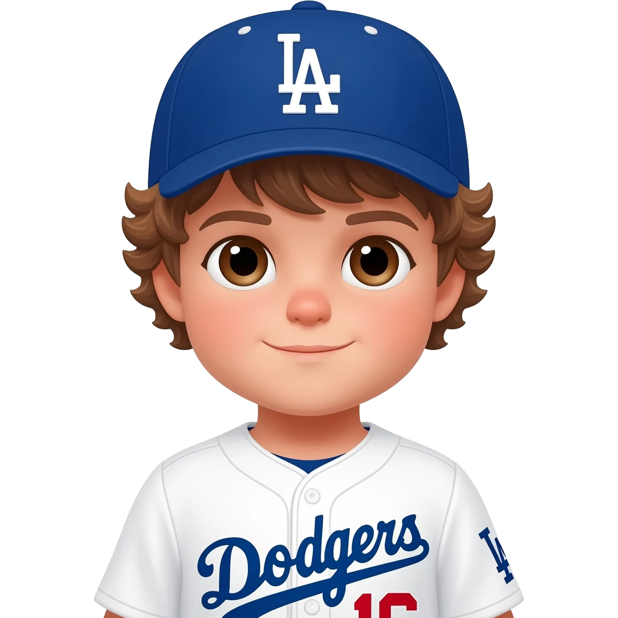 toddler boy in a white dodgers uniform with baseball cap with light brown wavy hair and brown eyes emoji