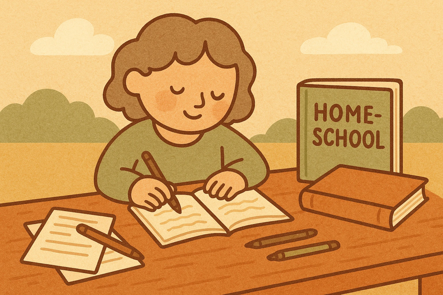 a table full of paper, pens, and homeschool books, vibrant modern flat style emoji