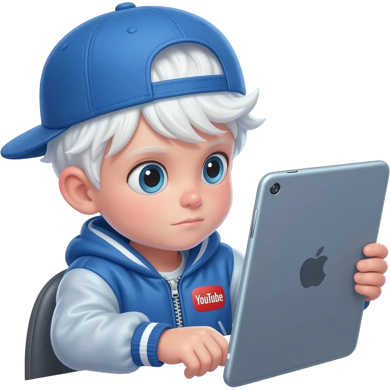 Skinny as fuck white child with a blue baseball hat and jacket watching YouTube for 24 hours straight On a big as fuck iPad emoji
