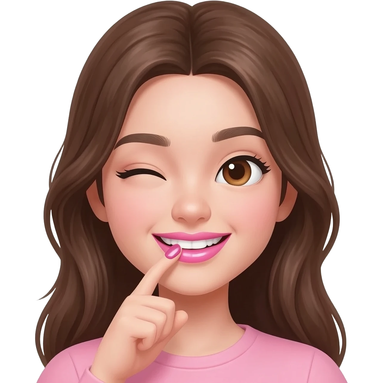 Emoji 3D estilo iPhone de chica joven sonriendo mientras muerde su dedo índice, labios rosados brillantes, dientes blancos visibles, ojos entrecerrados felices, iluminación rosa suave estilo selfie, cabello castaño largo, estilo sticker moderno, fondo transparente, alta calidad. emoji