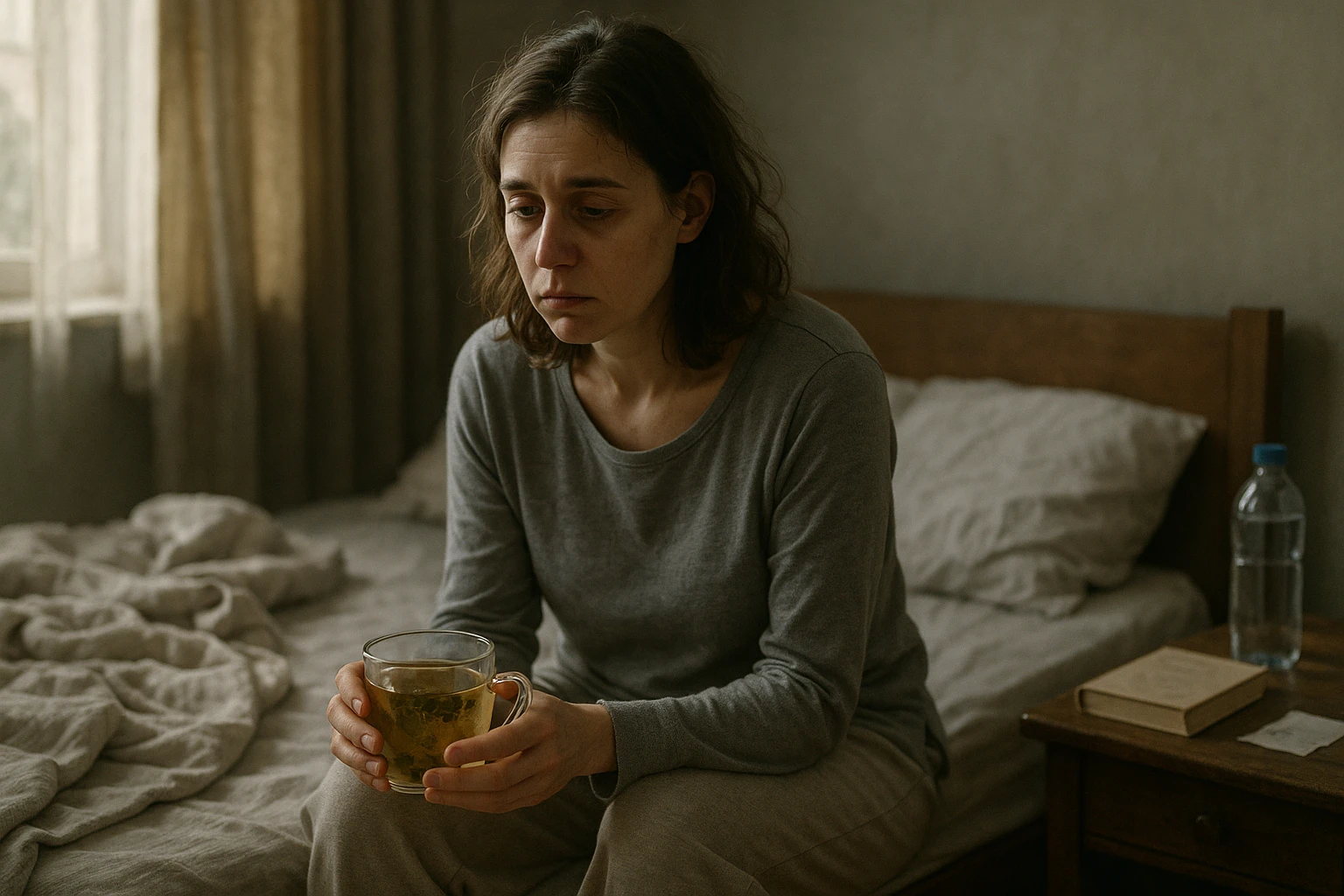 Realistic, cinematic illustration of a woman (early 30s), tired and pale, sitting on the edge of her bed in a softly lit morning bedroom. She looks exhausted, with slouched posture and dark circles under her eyes, wearing comfortable loungewear and holding a cup of herbal tea. The room is cozy and slightly messy, with a blanket, water bottle, and book on the nightstand. Soft natural light highlights her persistent tiredness, capturing the struggle of chronic fatigue syndrome gently and respectfully. emoji