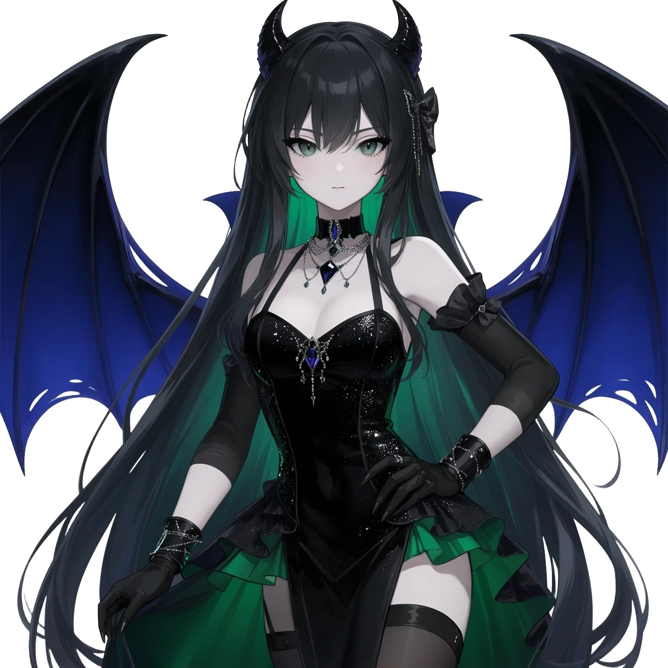 Beautiful dark-deep-abyss-midnight-blue abyssal gloomy dark edgy pretty sparkly shimmering glammed up dolled up ethereal Gorgeous Vampiric Edgy Anime Lady With Black grey green  emoji