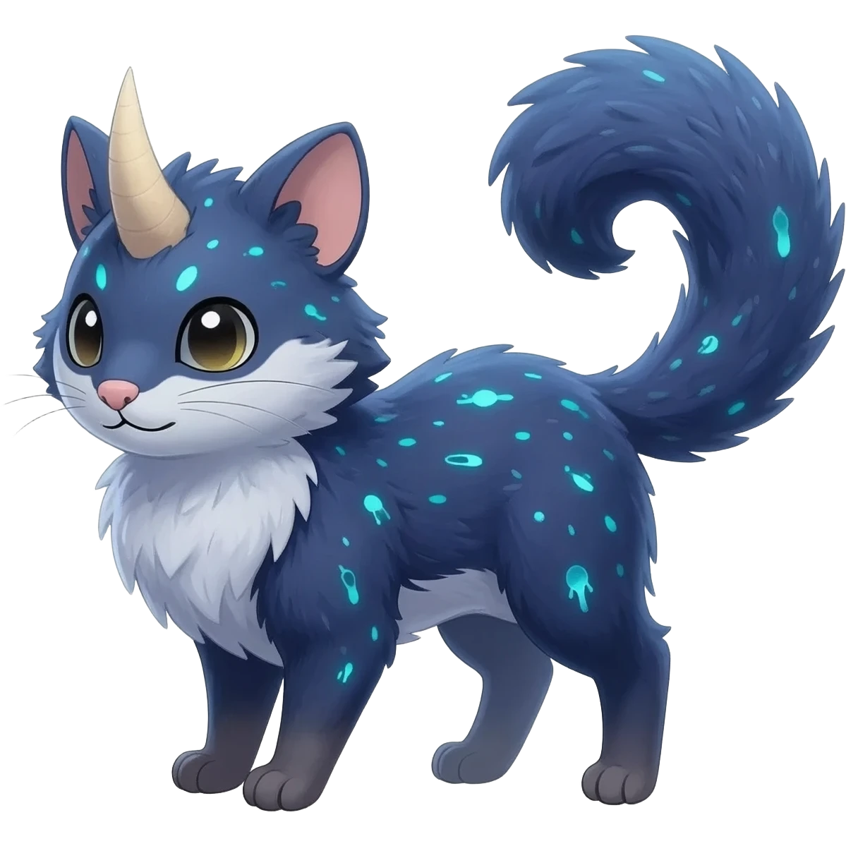 Hyper realistic  indigo fur seeded with bioluminescent plankton speckles beautiful elegant pretty precious cute  Fakémon-Pokémon-opossum-feline-serval-caracal-chinchilla-Furret-Minccino-hybrid-creature with a big fluffy bushy tail (full body) with furry horn-like antennas emoji