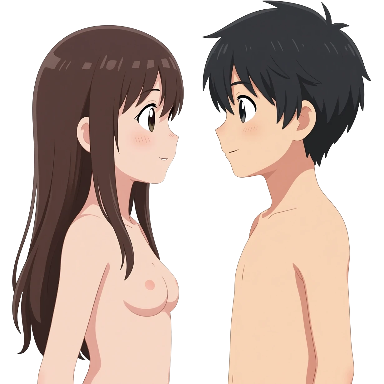 Anime little girl long hair and anime little boy see each others completely nude emoji