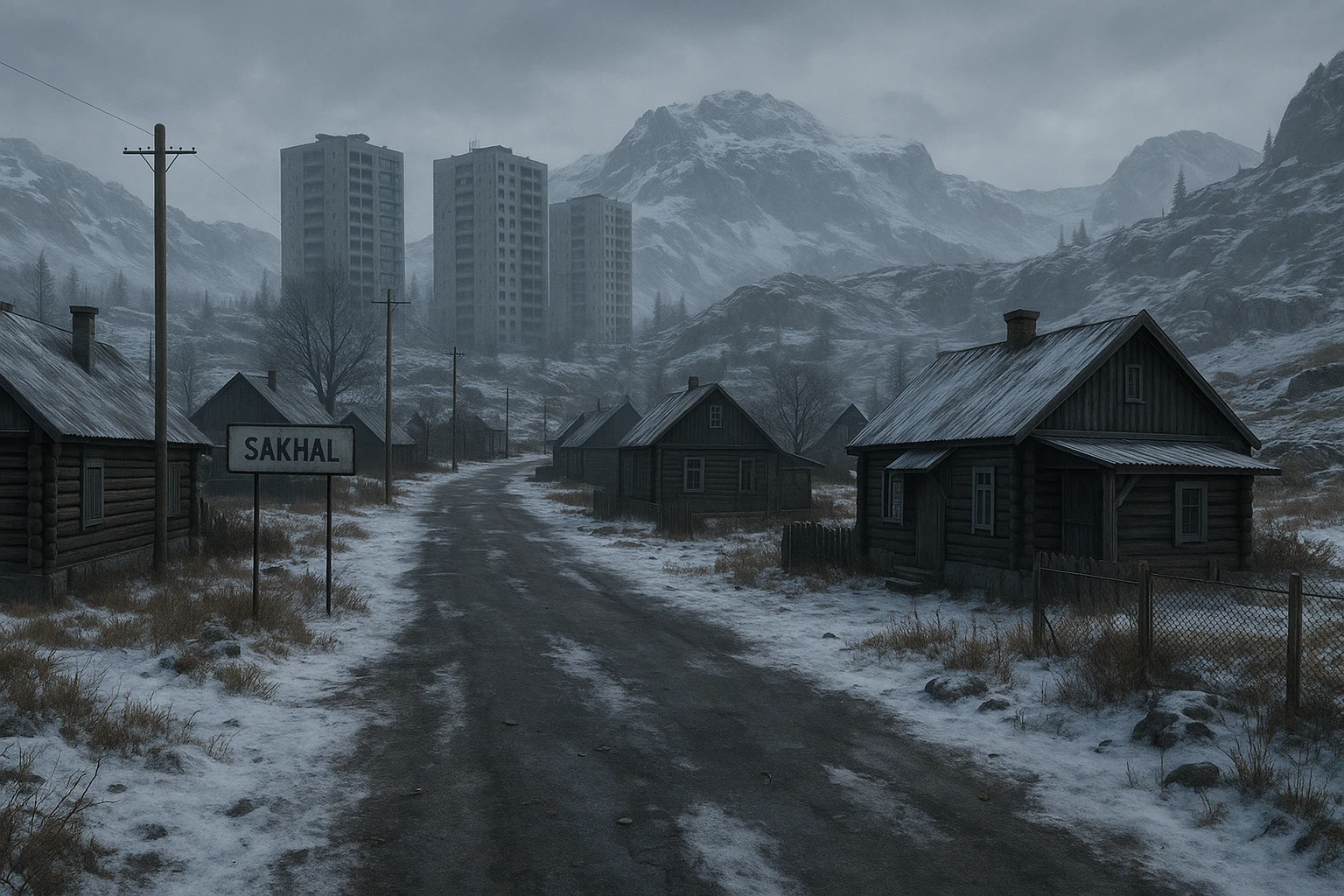 a view of the city street in a videogame: DayZ - in  Sakhal - snowy steppe tundra, rustic cabin houses, tall apartment blocks in the distance, mountainous and rocky terrain emoji