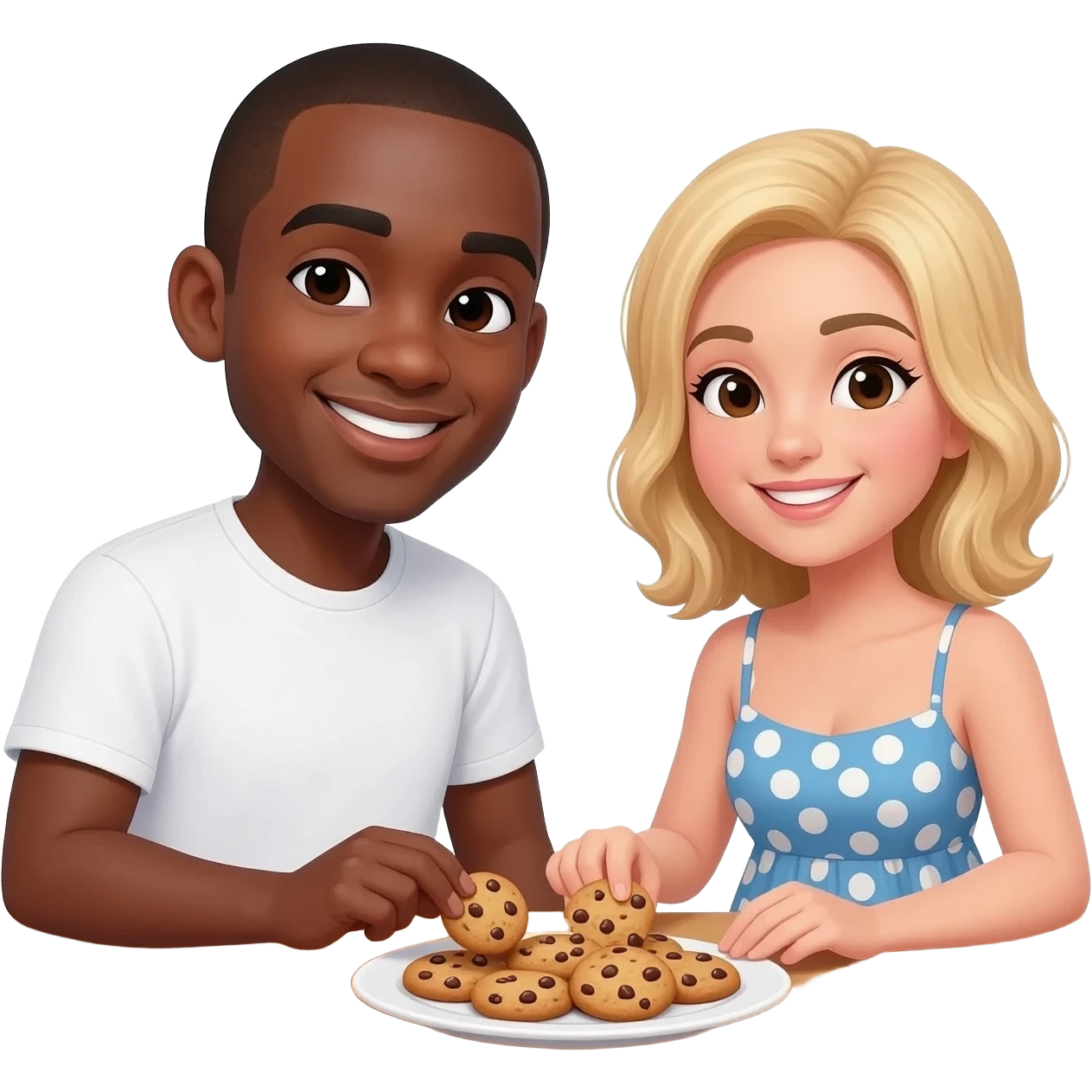 Black man with shaved head and blonde woman both eating cookies together emoji