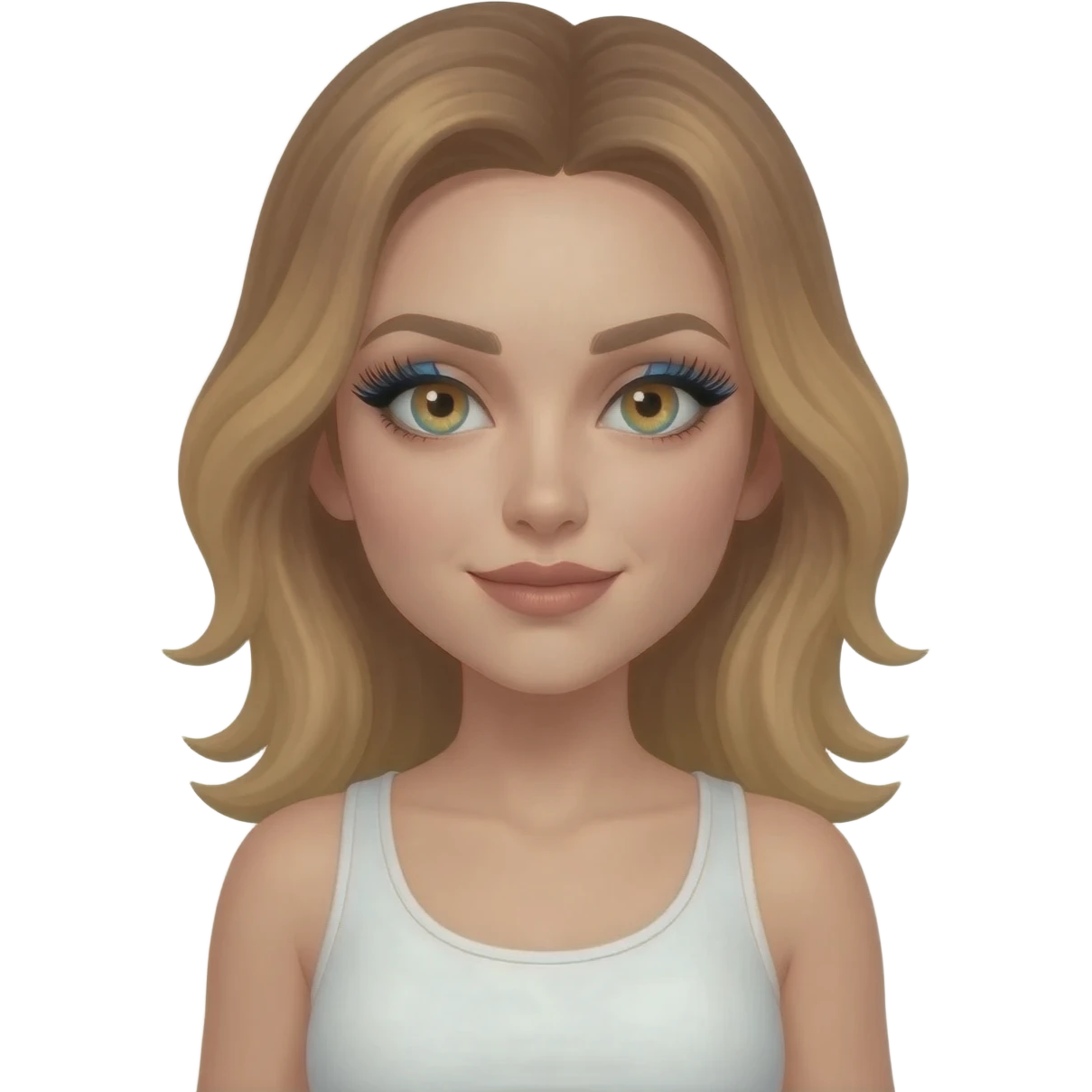 Blondish brown hair just passed my shoulders, parked on the side, a little past my shoulders length, hazel blue eyes, eyelash extensions, like to look pretty and make up, put my face as maleficent and the collar and wearing hiking boots, black, short shorts, and white tank top emoji