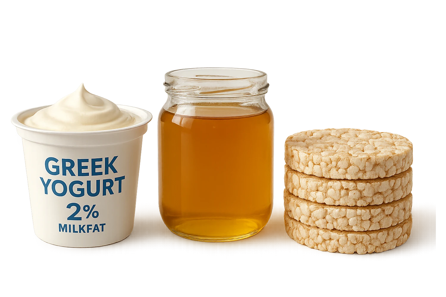 Yogurt Greco 2%
Miele (senza il cucchiaio di legno)
Gallette di Riso
vista frontale, iperrealistico 4k emoji
